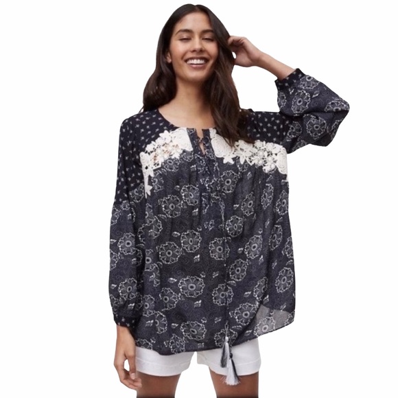 LOFT Tops - LOFT BLUE WHITE FLORAL EMBROIDERED SELF TIE TOP